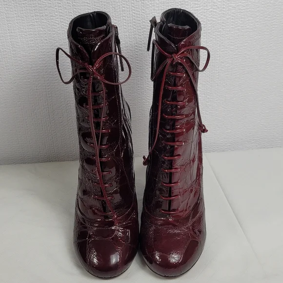 Alaia Calzature Donna Croco Burgundy Patent Leather Ankle Wedge Boots Size 37.5